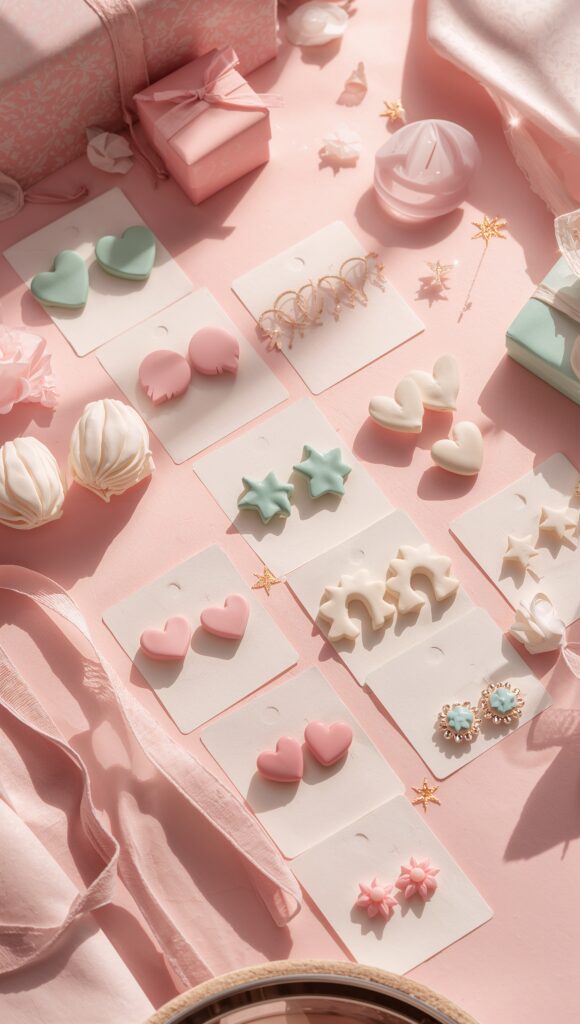 Pastel cartoon display of handmade polymer-clay earrings arranged on cards with pink and mint gift boxes.