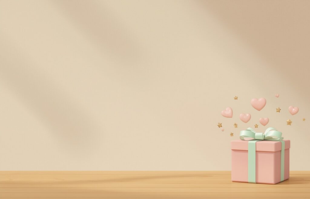 Cute pastel gift box with mint ribbon and jewellery pieces inside, surrounded by sparkles.