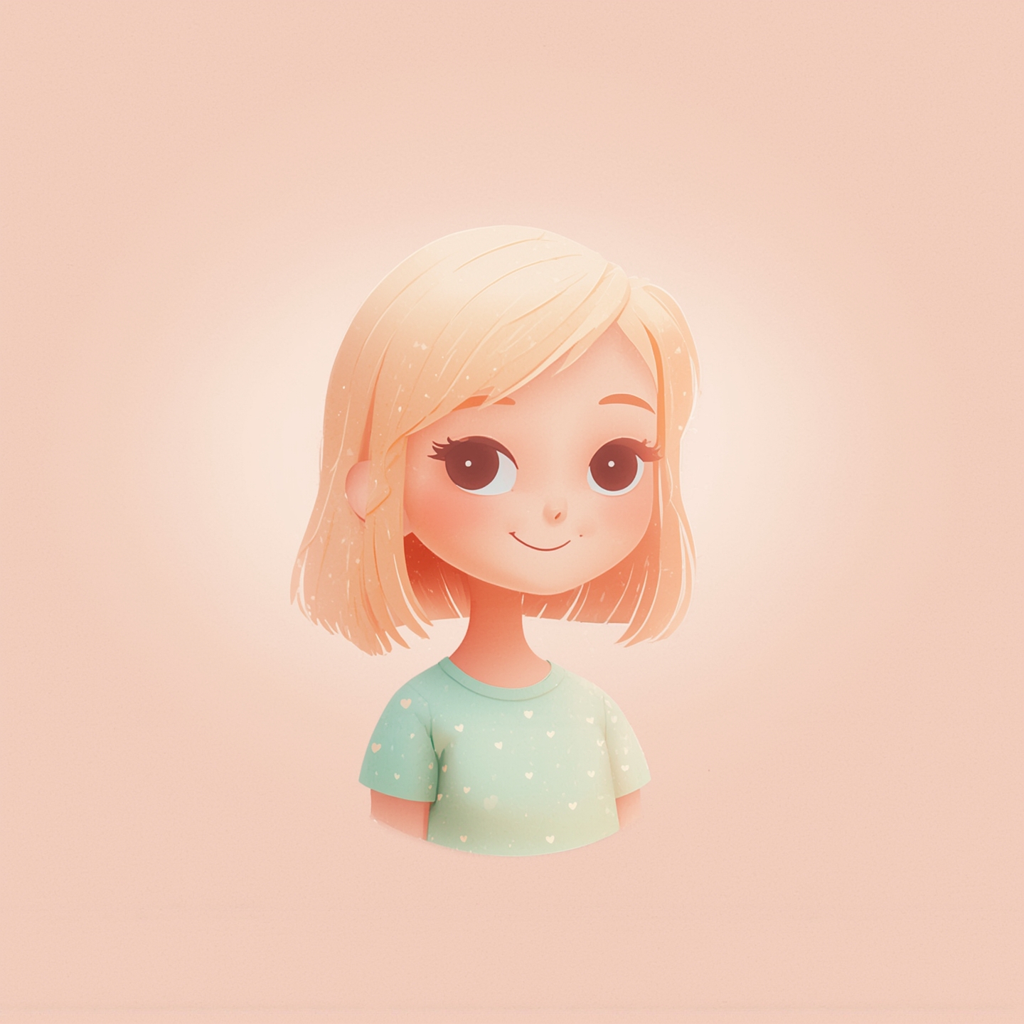 Pastel cartoon of Soso with blonde hair and a mint T-shirt, smiling on a blush background