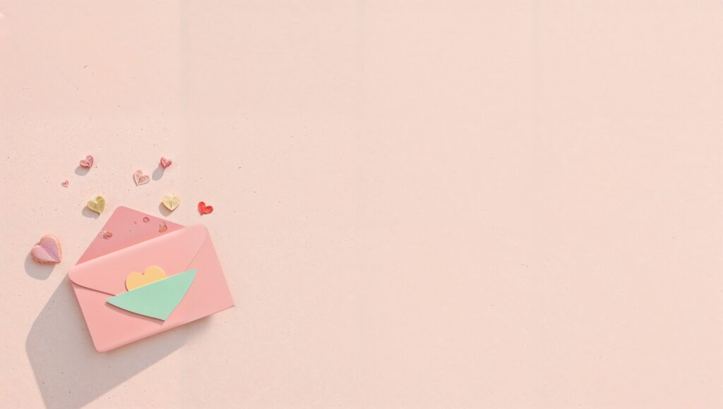 Pastel cartoon envelope with hearts and sparkles representing the Soso Style email club.